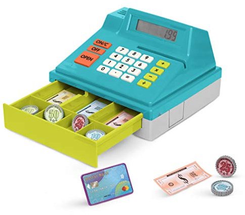 Battat - Caisse enregistreuse de 48 pièces avec Argent en Jouet, Carte de crédit - Caisse enregistreuse Calculatrice Bleue - Jouet d'éveil - 3 Ans et +