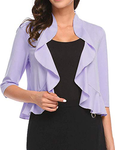 Damen 3/4 Ärmel Cropped Bolero Shrug Open Front Cardigan (Blau, Flieder, Mittel