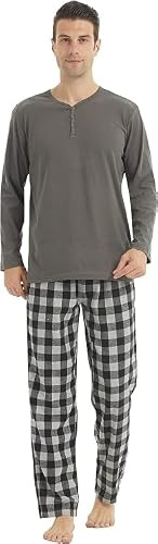 YUSHOW Pijama Hombre Invierno Pijama con Manga Larga Polar y Pantalón Largo de Algodón a Cuadros Conjunto de Pijama Cómodo y Calentito