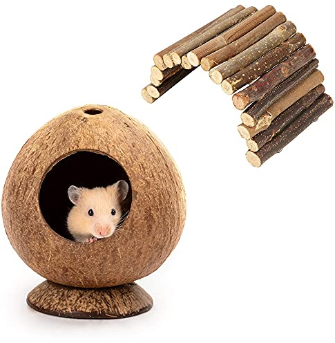 2 Stück Hamster Kletterspielzeug, Hamsterbrücke aus Holz, Hamster Kauspielzeug, Hamster Haus Bird House Kokosnuss, Verwendet für Hamster, Mäuse, Papageien, Igel, Meerschweinchen, Wellensittiche