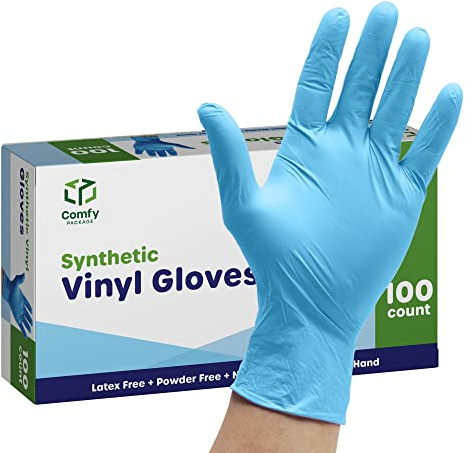 Comfy Package Synthetic Vinyl Disposable Gloves [100 Count] Powder & Latex Free, Non-Sterile, Blue Plastic Gloves for Cleaning, Food Prep & Household Use