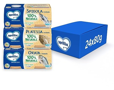 Mellin 12 Omogeneizzati Pesce con Verdure, 100% Naturale, 8 x 80 g Platessa, 8 x 80 g Orata e 8x 80 g Spigola - 24 Vasetti x 80 g