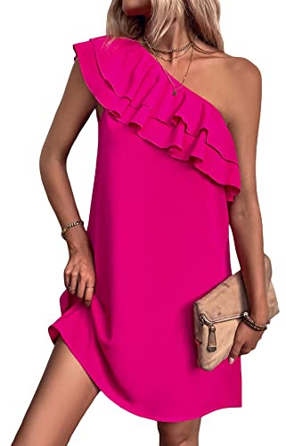Floerns Women's One Shoulder Tiered Layered Sleeveless Ruffle Trim Tunic Dress A Hot Pink M