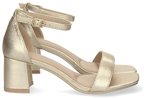 shoes&blues.es 71379-Sandalia de Tacon para Mujer, Comoda, con Estampado Brillante, y Cierre Ankle Strap de Hebilla, Primavera Verano 2023. Talla 40 Oro