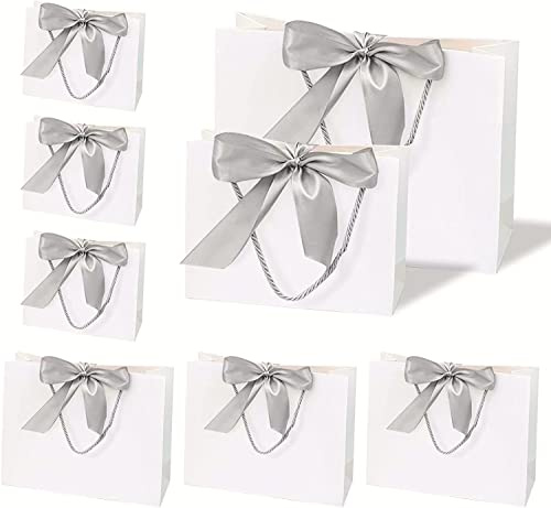 LATERN 10 Pezzi Borsa Regalo Grande con Fiocco in Argento, 32CM x 25CM x 11CM Sacchetti di Carta per Feste Sacchetti Regalo con Maniglia per Compleanno Matrimoni Festa Vacanza Docce (Bianco)
