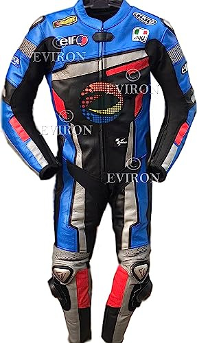 Combinaison de moto en cuir 2 pièces Evriron Nouveau design multicolore. (Noir & Bleu, Personnalisé (prend 5 jours supplémentaires))