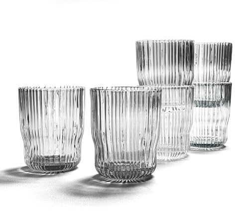 Foodesign Juego de 6 vasos apilables de cristal transparente, colección Geo, decorados con líneas verticales, capacidad 280 ml, largo 8 x 12 alto