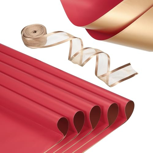 PATIKIL 20 Sheets Flower Wrapping Paper, Waterproof Flower Paper Wraps with Ribbon Floral Bouquet Supplies for DIY Crafts Packaging Bouquet, 22.8x22.8 Inch, Bright Red/Gold Tone
