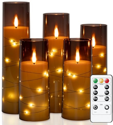 Homemory Flickering Flameless Candles with String Lights, Battery Operated Candles with Remote Control and Timer, Embedded Fairy Lights LED Candles, Acrylic, Home Decoration, Grey, Set of 5