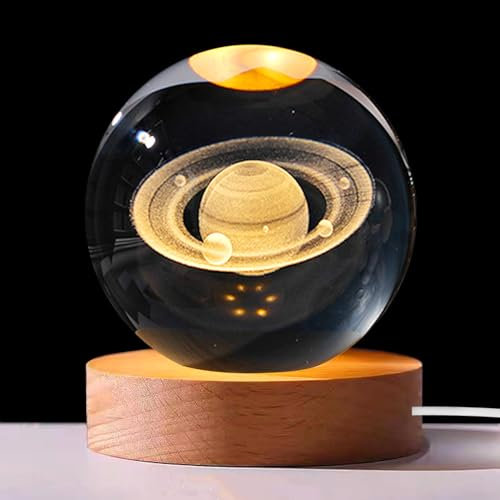 Luz Nocturna Con Bola de Cristal 3D Sistema Solar, 8cm Planetaria, Lámpara de Noche Con Base de Madera, USB, Galaxia y Planetas Para Decoración