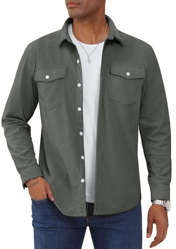 TACVASEN Men's Overshirt Corduroy Long Sleeve Shirts for Men Casual Button Down Regular Fit Jackets with Flap Pockets Darkgrey, L