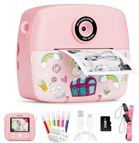 ASTGMI Kids Camera Instant Print, 1080P HD Digital Instant Camera for Kids with Color Pens, 3 Rolls Print Paper, Girls Birthday Gifts Toys for 3 4 5 6 7 8 9+ Year Old (Pink)