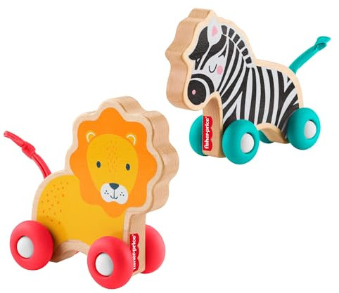 Fisher-Price Holz-Schiebetierchen Spielzeug für Babys, Set aus 2 Schiebetierchen mit Silikonrädern zum Spielen beim Krabbeln für Kleinkinder ab 6 Monaten, JFN19
