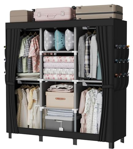 LOEFME Kleiderschrank, Stoffschrank, Faltbarer Kleiderschrank mit Kleiderstange, Stoffkleiderschrank mit 18 Seitentaschen, 45 x 130 x 172 cm, Schwarz