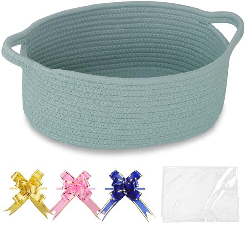 COMSE Small Woven Basket with Gift Bags and Ribbons, Gift Basket Empty, Nursery Organisers Storage for Baby Toy, Cotton Rope, 30.5 x 20 x 13 CM, Light Green