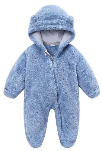 Siyova Baby Boys Girls Winter Jumpsuit Newborn Cute Bear Snowsuit Fleece Long Sleeve Footed Hooded Zipper Romper Winter Coat Outwear Warm Outfits (Sky Blue, 0-3 Months)
