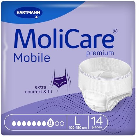 MoliCare premium Mobile 8 Tropfen Größe L, Inkontinenzhosen für Frauen und Männer mit schwerer Inkontinenz, extra Auslaufschutz, fortschrittlicher Hautschutz, verbesserte Passform, 14 Stück