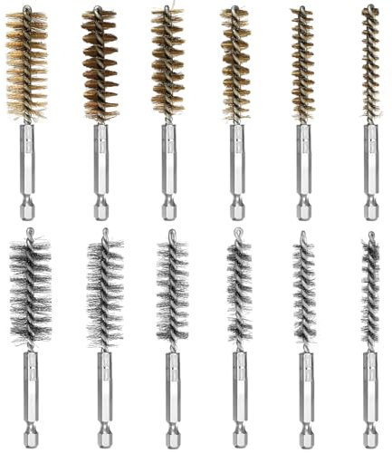 Juego de 12 cepillos metálicos: 6 de acero inoxidable y 6 de cobre, cilíndrico redondo con varilla hexagonal, perforado para pulido, lijado, extracción