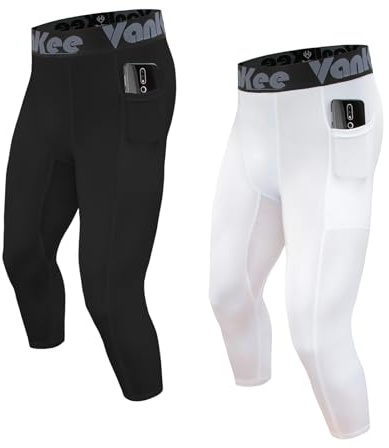 VanKee Men's Compression Trousers 3/4 with Pockets Sports Running Leggings Fitness Tights Pants Quick Drying Sweat Base Layer Bottoms for Basketball Soccer Yoga Gym