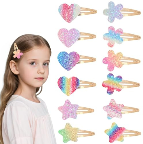 Mollette Capelli Bambina, 12 Pezzi Arcobaleno Fermagli per Capelli Stella Fiore Cuore, Glitter Accessori Carini, Scatto, per Donna e Bambina