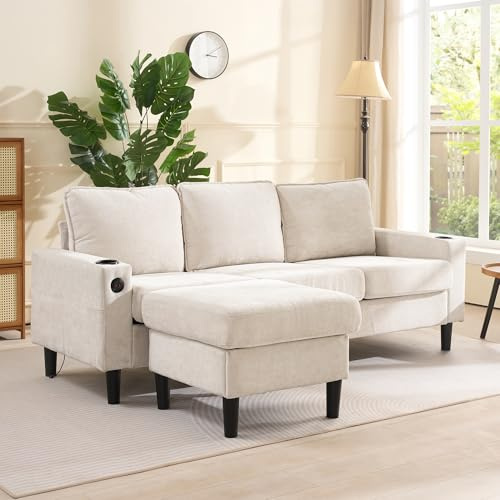 Miyemo Corner Sofa for Living Room, 3-4 Seater Sofas with 2 USB-Charging-Ports & 2 Cup Holders, Reversible Chaise with Sumptuous Cushions, L Shaped Sofa for Apartment, Linen, Beige