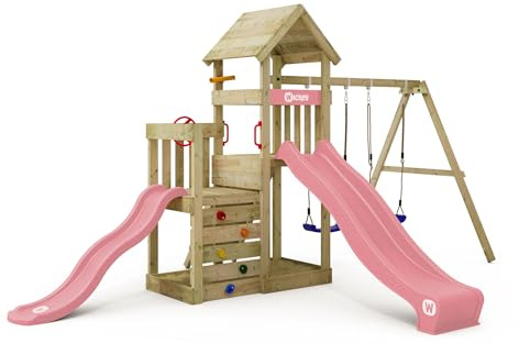 Wickey Tour de jeu Skyflyer 120 et 90 cm, avec toboggan rose pastel et bâche rose pastel, double balançoire, appareil de jeu pour le jardin