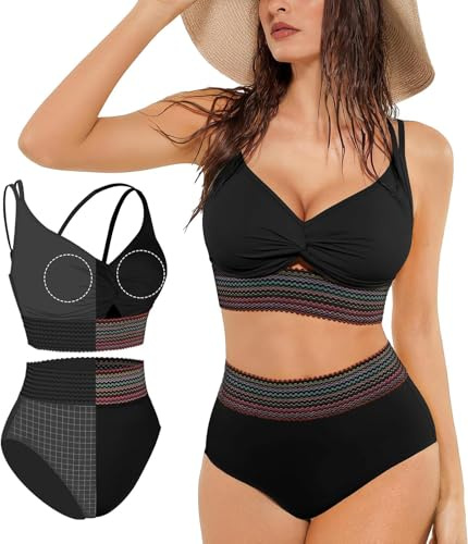 Set de Bikini Femme avec Taille Haute, Contrôle du Ventre, Maillot de Bain 2 Pièces, Bikini de Shapewear avec Détails Boho et Rembourré, Réglable, Vêtement 4 Voies pour l'été 2026, Noir , XXL