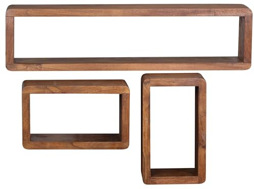 FineBuy Design Wandregal 3er Set Sheesham Massiv Holzregale Landhausstil, Rustikales Wandregal-Set Holz, Hängeregal Viereckig Echtholz, Wand-Regale, Hängend Würfel, Regal Wandkästen Eckig Braun