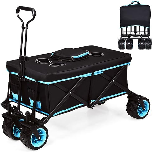 COSTWAY Carrito de Mano Plegable de Poliéster con Bolsa Extraíble y Cremallera Carro Transporte con Ruedas para Playa Compra Camping Pesca Jardín hasta 50 kg