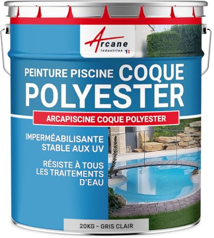 ARCANE INDUSTRIES Peinture Piscine Coque Polyester, Peinture Hydrofuge imperméabilisante, Piscine et Bassin - 20 kg (jusqu'à 65m² en 2 Couches) Gris Clair - RAL 7035