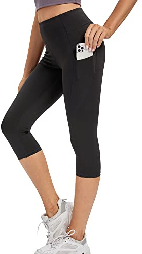 adorence Leggins Capris con Bolsillos (Sensación Desnuda, Suave, Cintura Alta, Opaco) 3/4 Pantalones-Negro,L