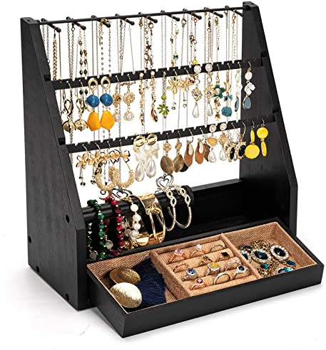 DGWJSU Earring Organizer, 5 Layer Earring Holder Organizer with Necklace Holder, Rustic Wood Jewelry Organizer Stand Display for Stud Earring Bracelet Necklace Ring, Watches