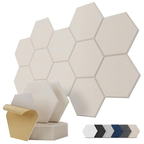 Kuchoow Paneles Acusticos Hexagonales Decorativos Pared Autoadhesivo, 12 piezas placas acustica pared y reducción de sonido eco para habitación, salon, puerta y techo, 30 x 26 x 0,9 cm, Beige