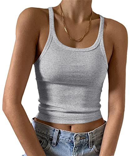 Artfish Women's Sleeveless Tank Top Form Fitting Scoop Neck Ribbed Knit Basic Cami Tight Fitted Heather Grey, XS