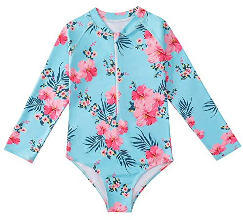 SEAUR Mädchen Badeanzug Kinder Langarm Einteiliger Rash Guard Print Muster Schwimmanzug Reißverschluss Swimsuit Strand Bademode - 130