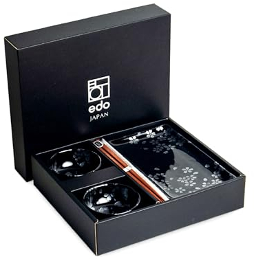 Set Sushi Noir - Hana Black - 2 personnes - Ensemble de sushi japonais - Ensemble de vaisselle à sushi pour 2 - Assiettes à Sushi - Plats à Sushi - Baguettes à Sushi - Emballé dans