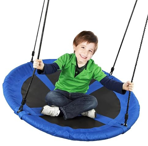 Saucer Tree Swing 40 Inch 600lb Weight Capacity with 2pcs Hanging Straps, 900D Oxford Fabric Waterproof Durable Steel Frame and Carabiner for Kids Adults with Pillow,for Backyard (Blue)