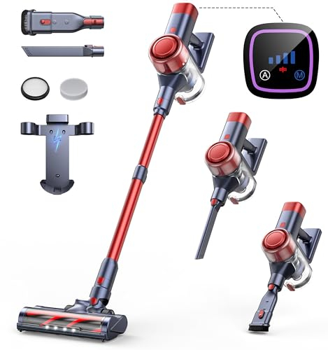 Cordless Vacuum Cleaner 450W/33Kpa Red Stick Vacuum Cleaner with Rechargeable Wall Mount, Intelligent Auto Mode, Up to 55Mins, Powerful Lightweight Household Vacuum for Pet Hair/Carpet/Floor