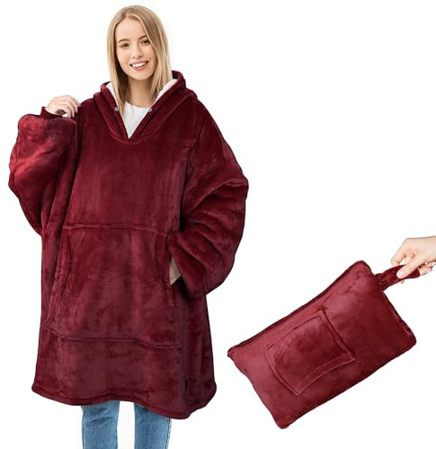 Catalonia Classy Oversized Travel Hoodie Blanket, 2 in 1 Portable Hooded Sweatshirt Blanket, Fluffy Sherpa Wearable Blanket and Travel Pillow, Warm Gifts for Adults Women Men Friends