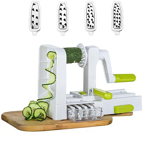 5-Blade Vegetable Spiralizer for Veggie Noodles – Quick Kitchen Slicer with 4 Interchangeable Blades for Carrots, Potatoes, Cucumbers, and Luffa (White)
