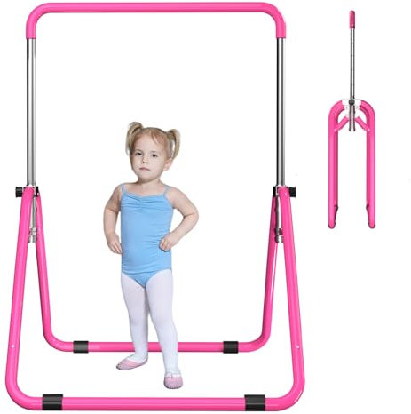 DOBESTS Gymnastikstange Kinder, Faltbarer Turnreck Reckstange Indoor, Gymnastics Bars for Kids mit Verstellbarer Höhen, Erweiterbare Junior-Heimausrüstung Stangen für das Kinderheimtraining, pink
