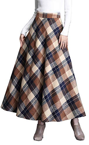 BiilyLi Gonna Lunga Invernale Donna Elegante Lana Quadretti Vita Alta Maxi Gonne Plissettata Vita Elastica A-Linea Svasata Skirt Cachi M