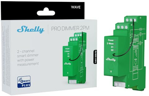 Shelly Wave Pro Dimmer 2PM - Variateur de lumière connecté sur rail DIN, 2 canaux 110-240 V AC, Gradateur halogènes, LED, Mesure de la consommation, 2FA, Passerelle Z-Wave requise