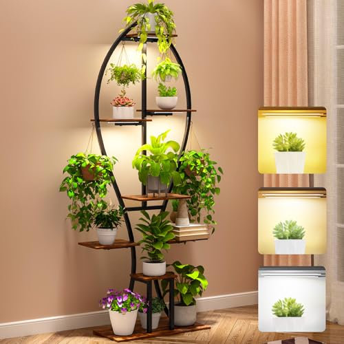 Zekoled Plant Stand Indoor with Grow Lights, 8 Tiered 60 Tall Metal Plants Shelf, 3 Color Mode Full-spectrum LED, Fish Shaped with Cable Ties & Safe Straps for Living Room, Patio