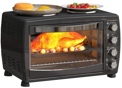 HOMCOM 36L Small Oven with 2 Hot Plates, Countertop Toaster Oven, Grill, Roast, Bake, Boil, with Timer, Adjustable Temperature, Electric Oven with Baking Tray, Grill Rack, Crumb Tray, 2600W, Black