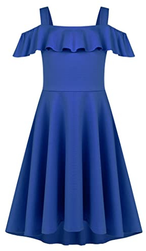 Arshiner Robe d'été pour Filles épaules Dénudées Manches à Volants Robe élégante à Bretelles Robe trapèze Robe Haute et Basse Robes Décontractées avec Poche 4-13 Ans