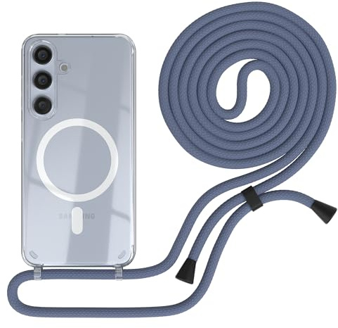 EAZY CASE - mobilkedja kompatibel med Galaxy S25, kedja för upphängning, stötsäkert mobilskal för Galaxy S25, silikonskal med rem, transparent mobilskal i Blå - Clips Svart