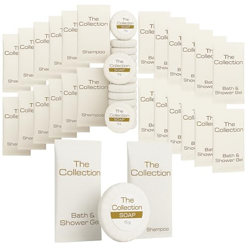 Articles de toilette de voyage, articles de toilette miniatures pour hôtels, gel douche de 12 x 10 ml, 12 sachets de shampooing de 10 ml, savon plissé en tissu de 12 x 15 g, idéal pour les hôtels