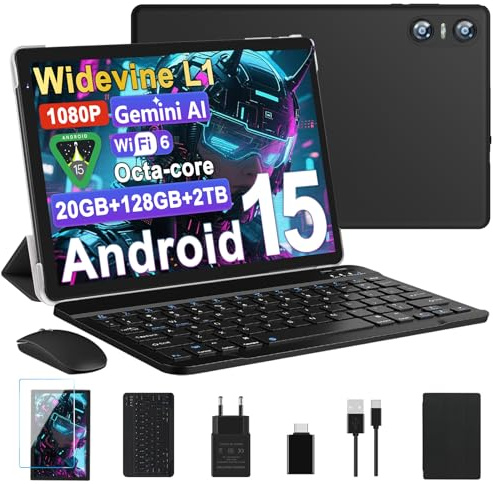 Biegedy Tablet 10 Pollici Android 15, Tablets 20GB RAM+128GB ROM (2TB TF), Octa-Core, Tablets 5G+2.4G WiFi 6, Widevine L1, GMS, Bluetooth 5.0, 6000mAh, 5+8MP, Tablet 2 in 1 Tastiera + Mouse - Nero