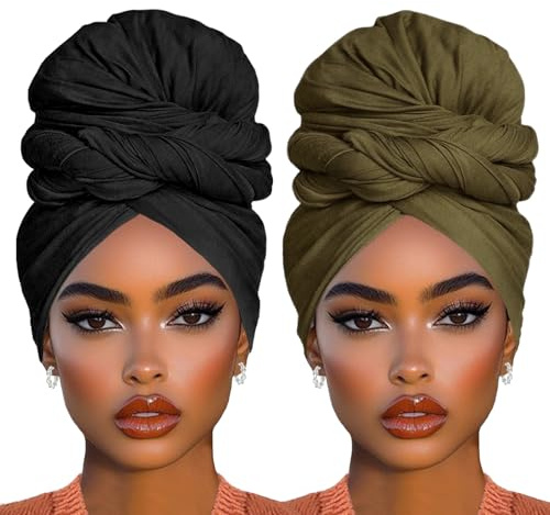 COOKOO 2 Piece Long Solid Color Stretch Head Wrap African Women's Jersey Turban Fashion Head Scarf Ultra Soft Extra Long Headwraps Lightweight Breathable Head Bands Ties for Women(Black+Army Green)